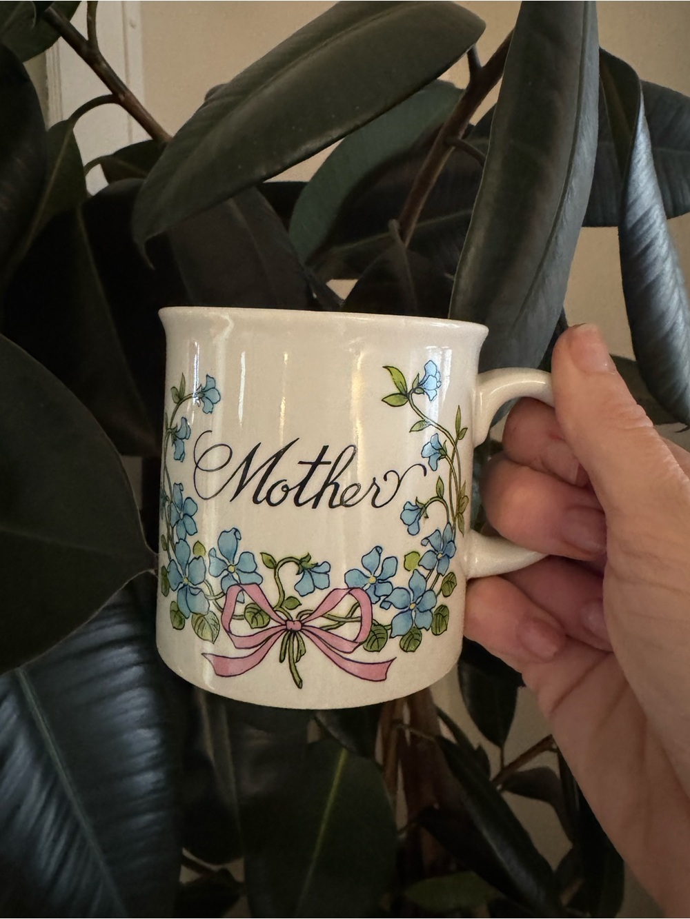 Vintage “Mother” Cursive Typography Flowers Bows White Ceramic Coffee Mug
